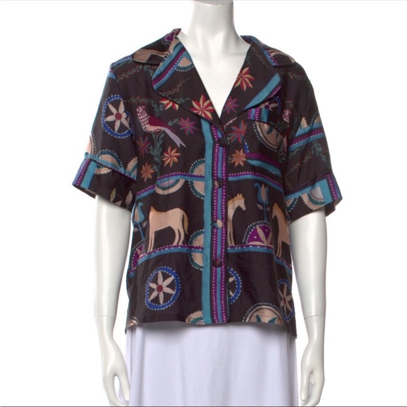 PatBo Satin Cordel Print Scarf Pattern Short Sleeve Button Down Peacocks Multi S